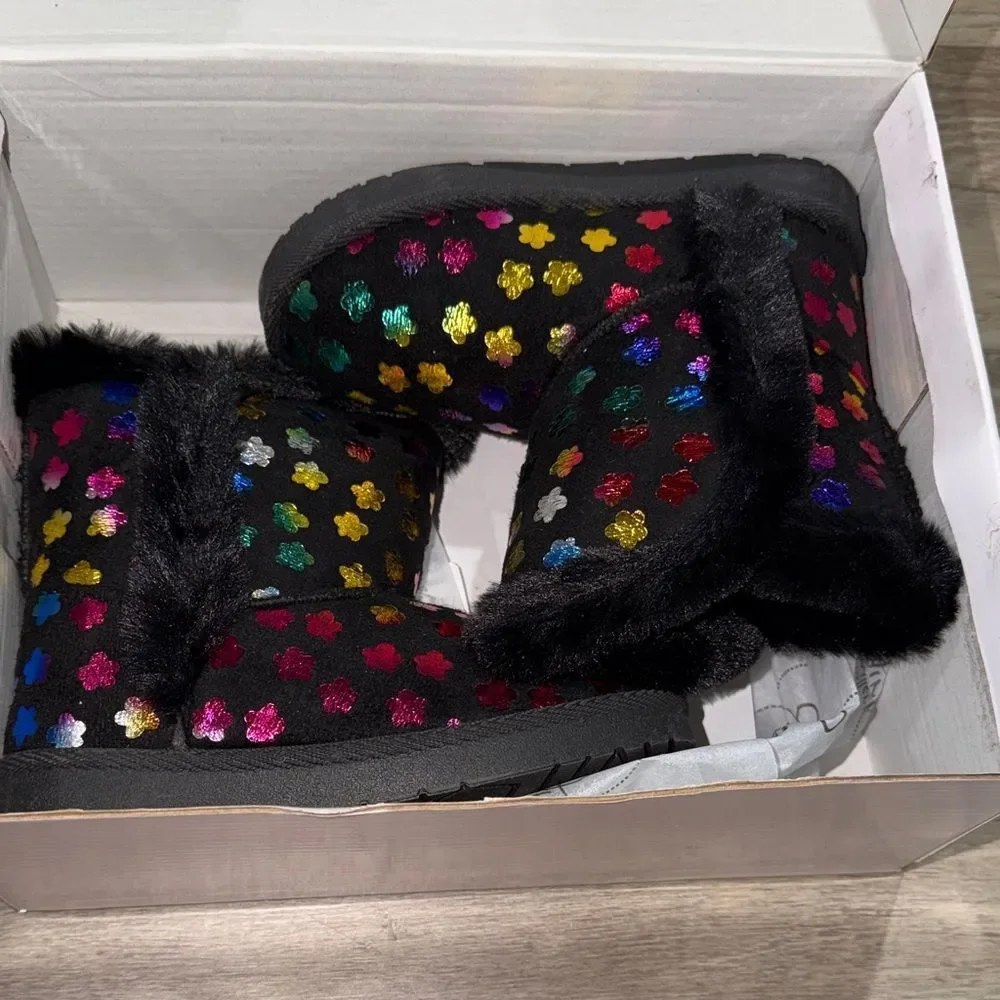 Olivia Miller Black Kids Boots with Multicolor Metallic Hearts
